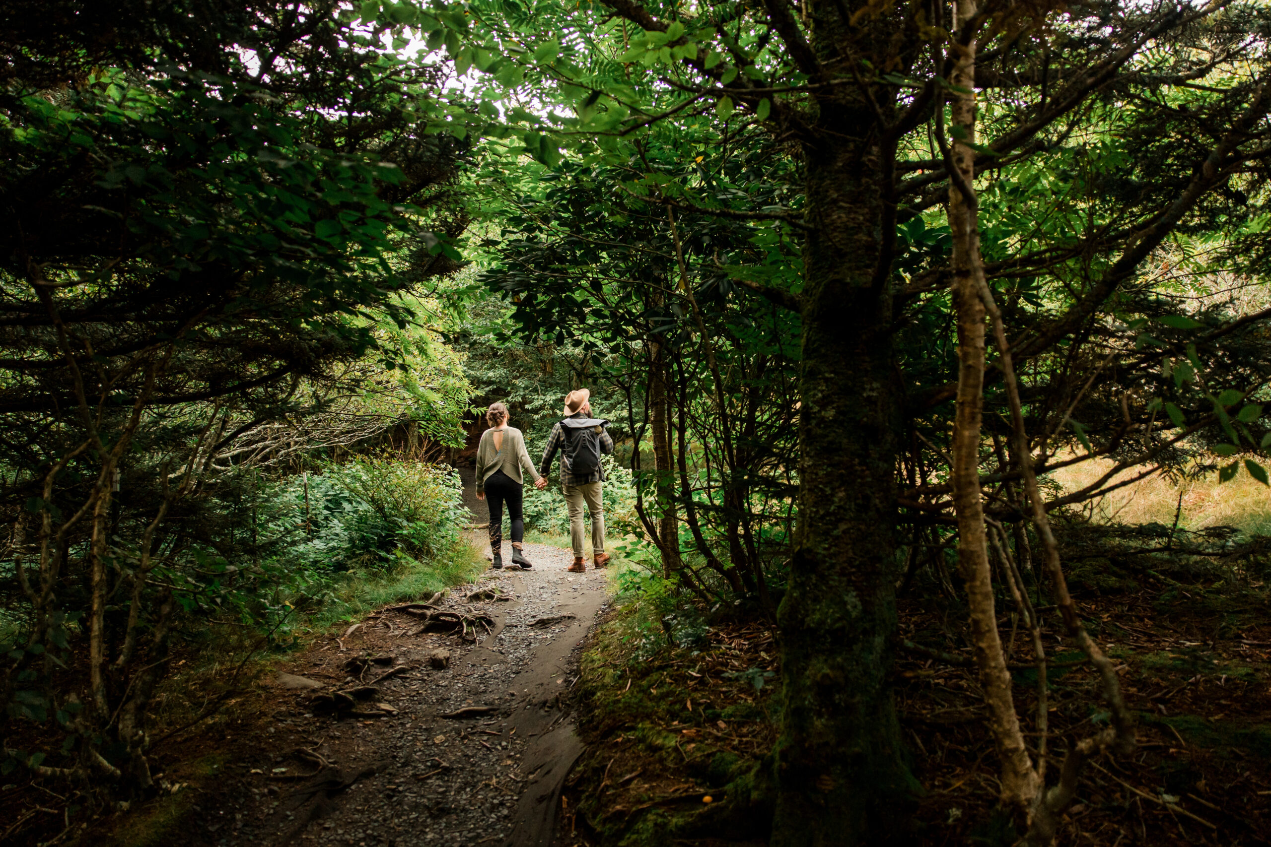 A couple pause for photos during their engagement session at Roan Mountain State Park in North Carolina.